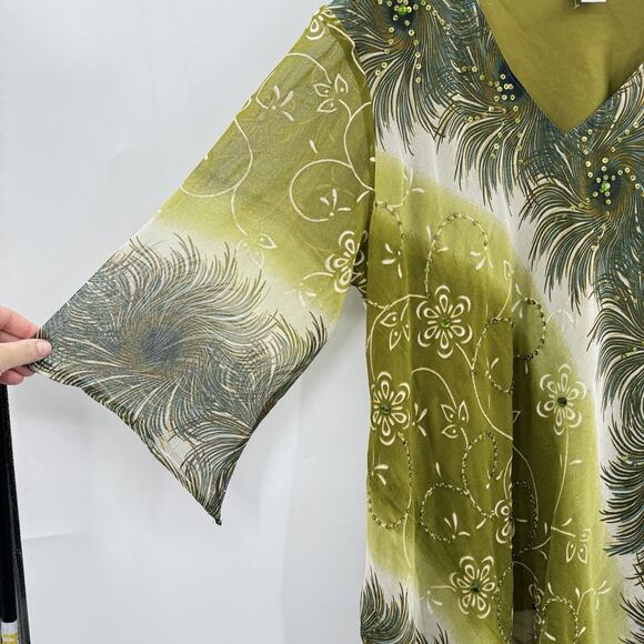 Women's Boho Beaded Flowy Tunic Top Sz 3X Green Fairy Artsy Gypsy Whimsical - Picture 3 of 10